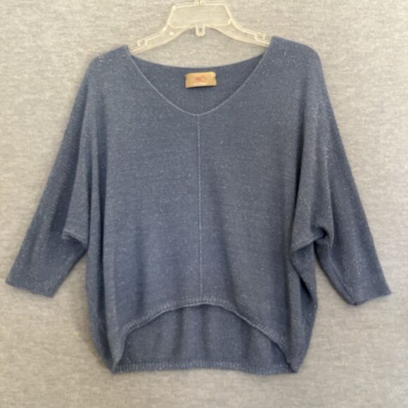 Free For Humanity Lagenlook Boxy Sweater One Size Metallic Blue Batwing Pullover - Picture 4 of 10